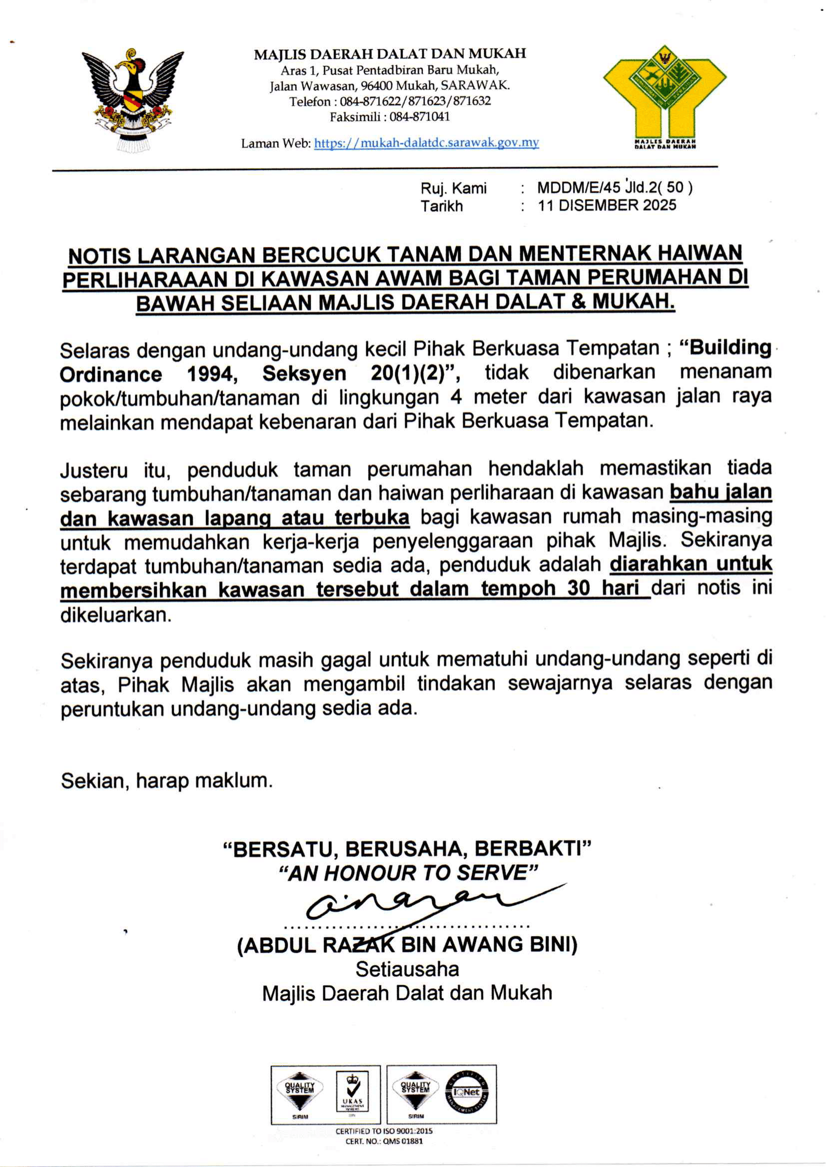 Notis Larangan Bercucuk Tanam Dan Menternak Haiwan Peliharaan Di Kawasan Awam Bagi Taman Perumahan