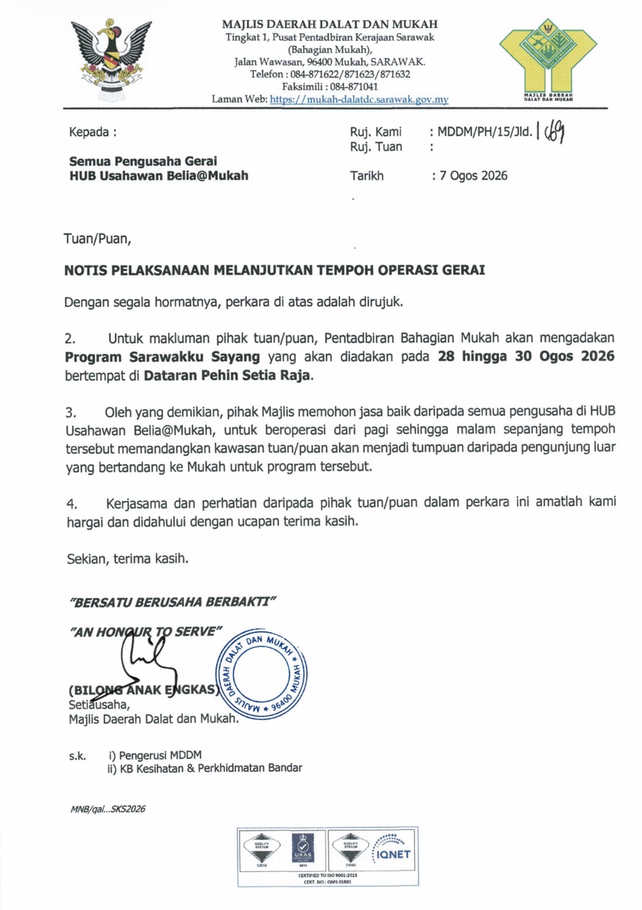 Notis Pelaksanaan Melanjutkan Tempoh Operasi Gerai