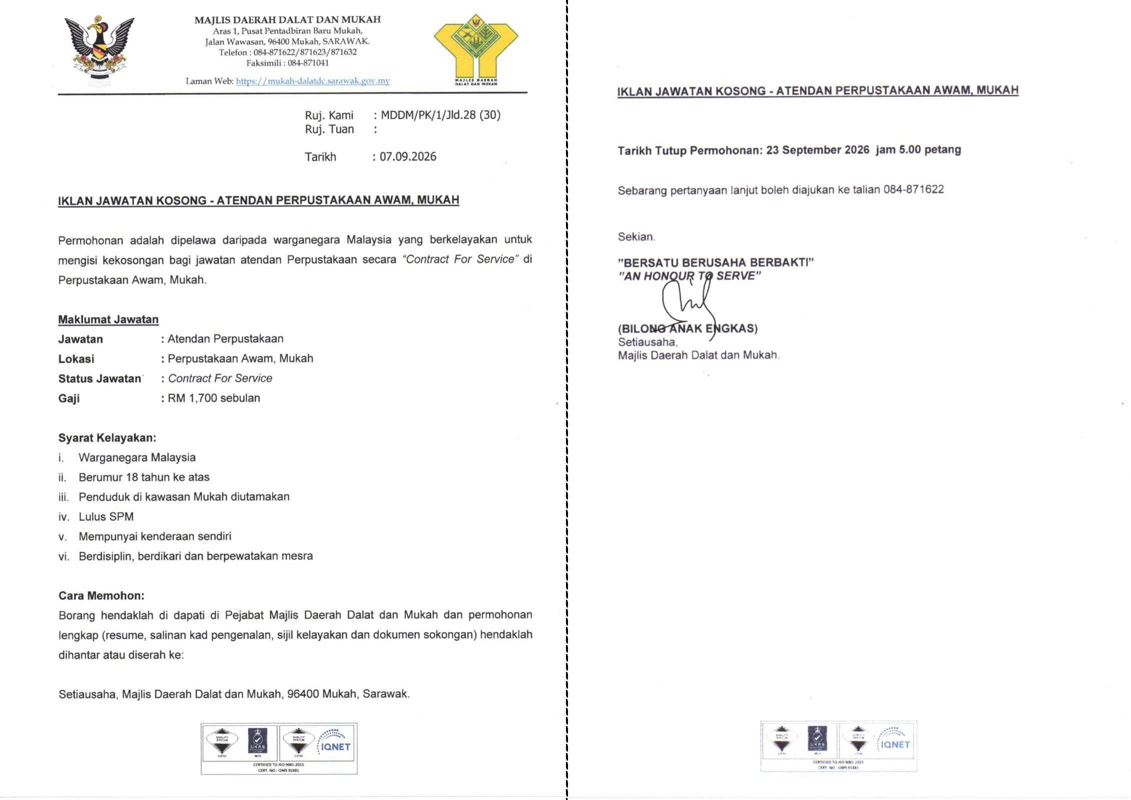 Iklan Attendan Perpustakaan Awam Mukah